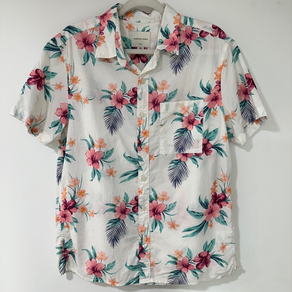 American Eagle Flex Floral Button Down Mens Medium White Pink Tropical | Coastal